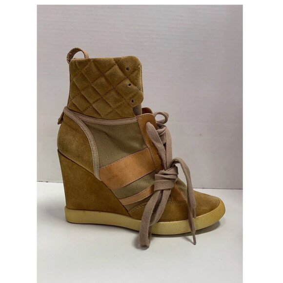 🤎 Chloé Kasia Suede Leather Canvas Tan Wedge Sneakers Size 39 Quiet Luxury - Picture 16 of 16